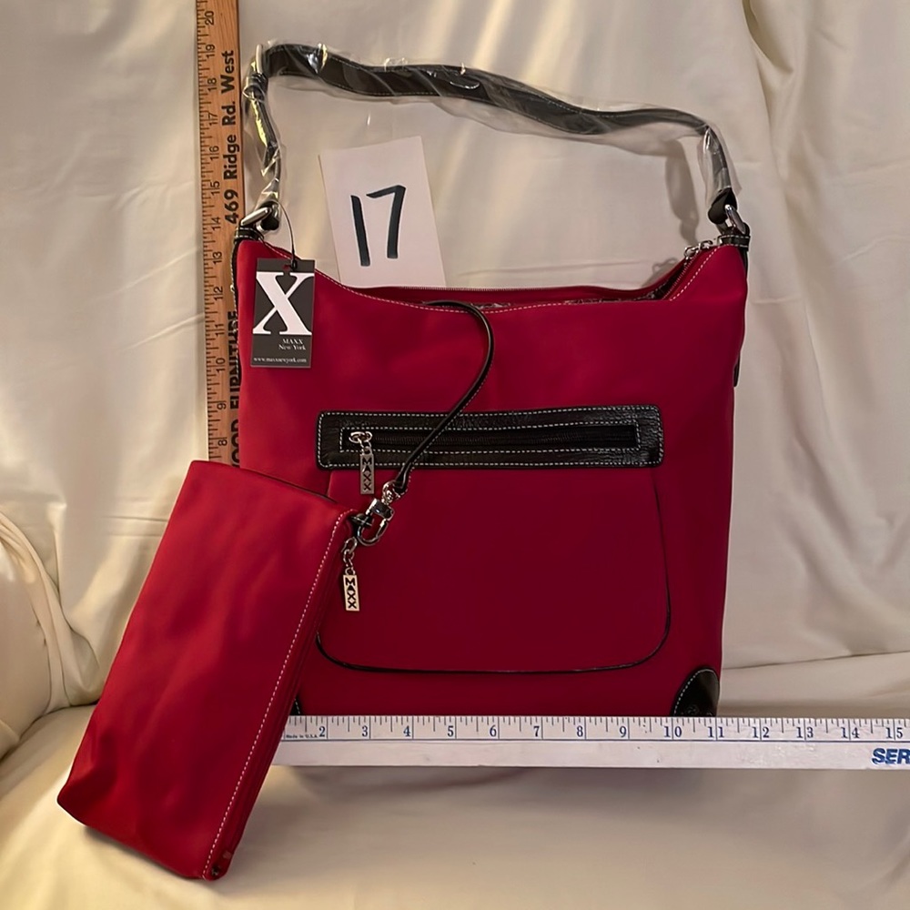 Brand new Red MAXX, New York Twill Microfiber soft Hobo Bag with leather Trim
